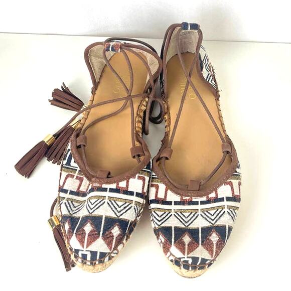 Franco Sarto Aztec Tribal Brown Lace Up Espadrille Flat Sandal Tassel Size 7.5 - Picture 3 of 5